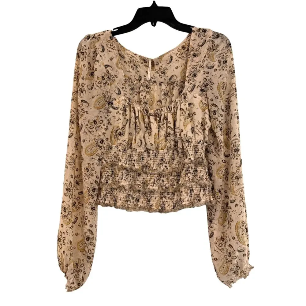 Free People Paisley Smocked Boho Peasant Top Large